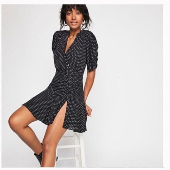 Free People - Pippa Short Sleeve Polka Dot Mini Dress - Black- Size L - Picture 1 of 13